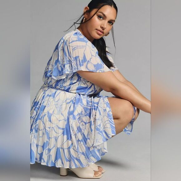 Anthropologie V-Neck Ruffle-Sleeve Pleated Dress In Blue Motif Size Small NWT - Picture 5 of 11